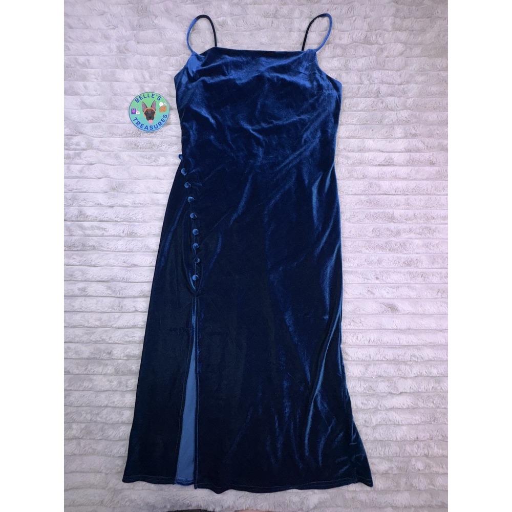 Womens XS Blue Velvet Cowl Neck Button Strappy Midi‎ High Slit Whimsigoth Fairy